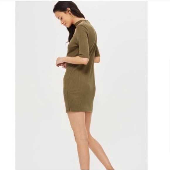 TOPSHOP Olive Green Ribbed Choker Mini Dress - Picture 4 of 5
